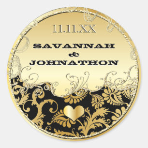 Elegant Musical Black Gold  Damask Weddings Ronde Sticker