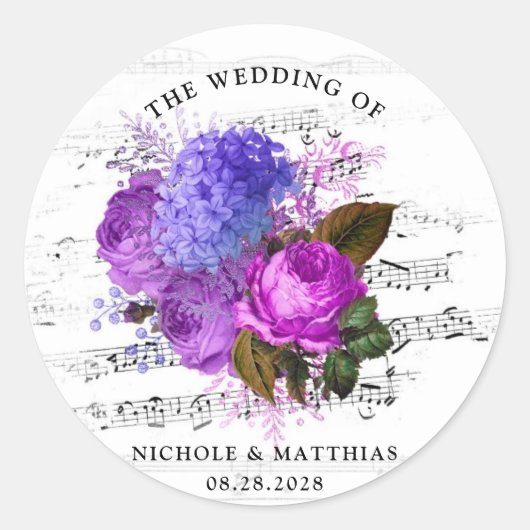 Elegant Musical Floral Wedding Ronde Sticker (Voorkant)