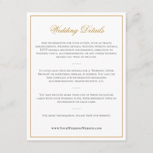 Elegant Mustard Yellow Monogram Weddenschap Detail Informatiekaartje (Voorkant)