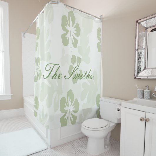 Elegant Muted Sage Hibiscus Pattern Douchegordijn (In situ)