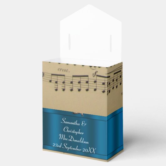 Elegant muziekblad en blauwe bruiloft bedankdoosjes (Geopend)