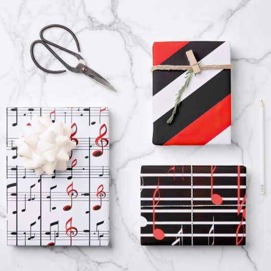 Elegant muziekblad rood, wit en zwart ompakken inpakpapier vel (Voorkant)