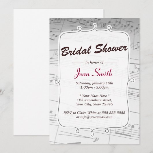Elegant Muzieknoten Bridal Shower Invitation Kaart (Voorkant / Achterkant)