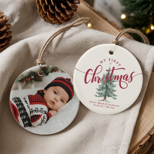 Elegant My First Christmas Tree Script Baby Photo  Keramisch Ornament