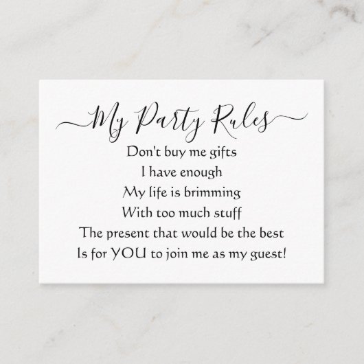 Elegant My Party No Gifts Poem Enclosure Card Informatiekaartje (Voorkant)