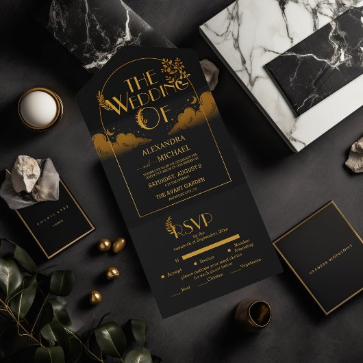 Elegant Mystiek Zwart Goud Wolken Maan Bruiloft All In One Uitnodiging