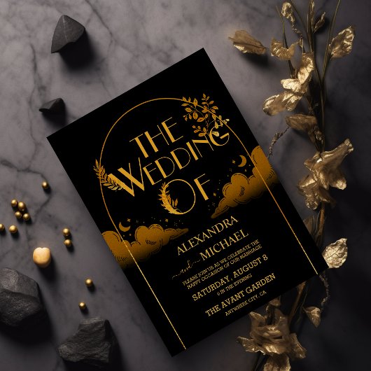 Elegant Mystiek Zwart Goud Wolken Maan Bruiloft Kaart