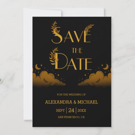 Elegant Mystiek Zwart Goud Wolken Maan Bruiloft Save The Date (Voorkant)