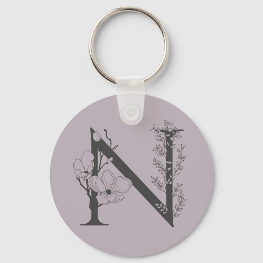 Elegant N Boho Floral Monogram Initiaal Lila grijs Sleutelhanger (Voorkant)