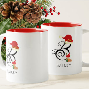 Elegant Naam Initiaal Script Letter B Christmas Tweekleurige Koffiemok