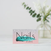 Elegant nagellak zilverroze glitter visitekaartje (Staand voorkant)