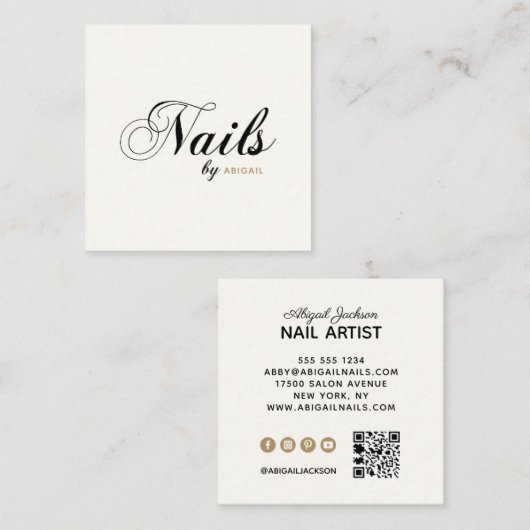 Elegant Nails by "Name" QR Code Social Media Ivory Vierkante Visitekaartje (Voorkant / Achterkant)
