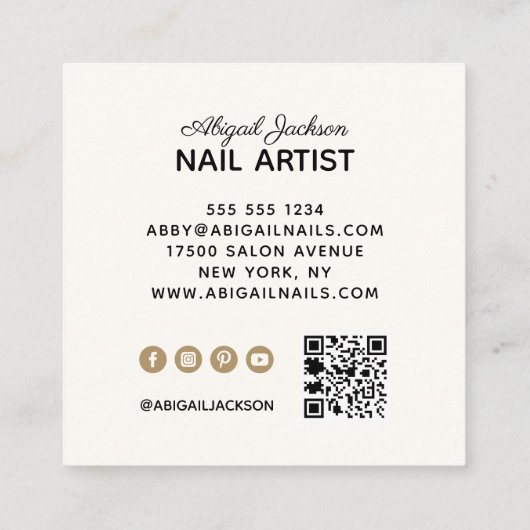 Elegant Nails by "Name" QR Code Social Media Ivory Vierkante Visitekaartje (Achterkant)
