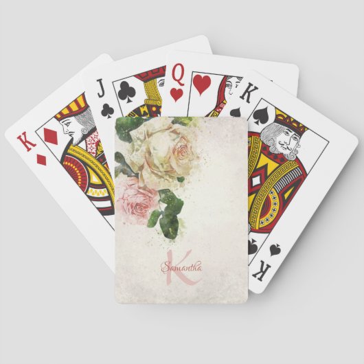 Elegant Name Monogram Blush Pink Waterverf Rozen Pokerkaarten (Achterkant)