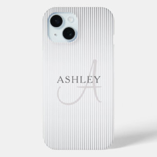 Elegant Name Monogram & Thin Gray Ombre Stripes iPhone 15 Case