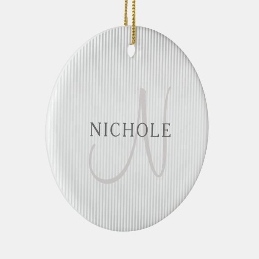 Elegant Name Monogram & Thin Gray Ombre Stripes Keramisch Ornament (Rechts)