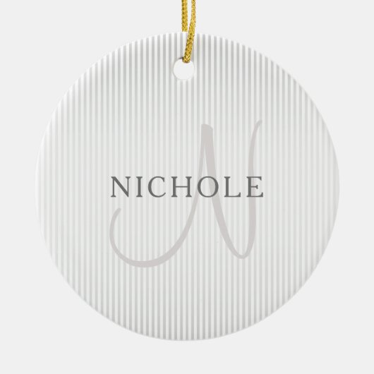 Elegant Name Monogram & Thin Gray Ombre Stripes Keramisch Ornament (Voorkant)