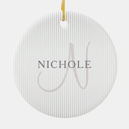 Elegant Name Monogram & Thin Gray Ombre Stripes Keramisch Ornament (Achterkant)
