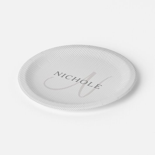 Elegant Name Monogram & Thin Gray Ombre Stripes Papieren Bordje (Gekanteld)
