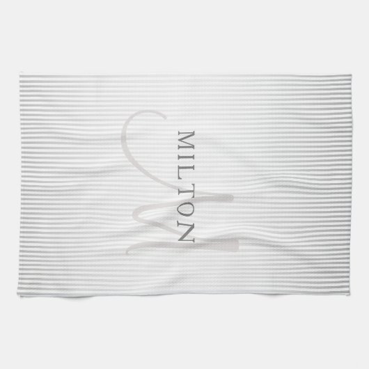 Elegant Name Monogram & Thin Gray Ombre Stripes Theedoek (Horizontaal)