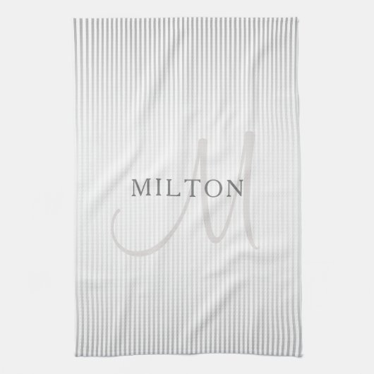 Elegant Name Monogram & Thin Gray Ombre Stripes Theedoek (Verticaal)