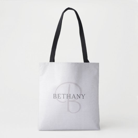 Elegant Name Monogram & Thin Gray Ombre Stripes Tote Bag (Voorkant)