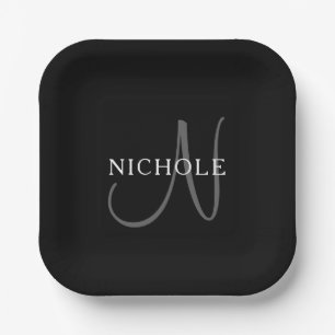 Elegant Name Monogram   Zwart wit en grijs Papieren Bordje