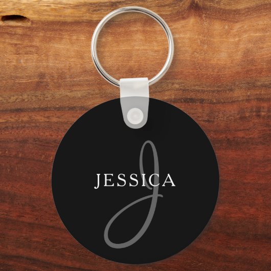 Elegant Name Monogram | Zwart wit en grijs Sleutelhanger (Achterkant)