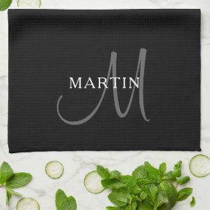 Elegant Name Monogram   Zwart wit en grijs Theedoek