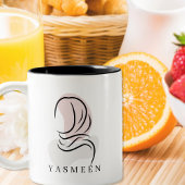 Elegant Name Mug: Minimalist Hijab Line Art, Tweekleurige Koffiemok
