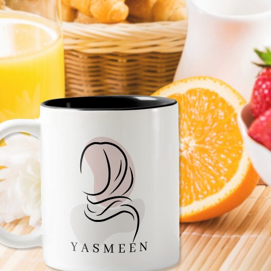 Elegant Name Mug: Minimalist Hijab Line Art, Tweekleurige Koffiemok