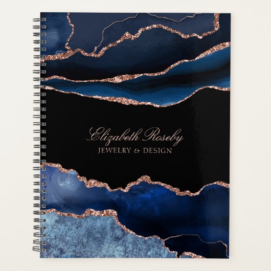 Elegant Name Navy Blue Roos Gold Geode Business Planner (Voorkant)