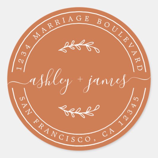 Elegant Names Burnt Sinaasappel Wedding Return Add Ronde Sticker (Voorkant)