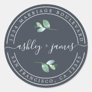 Elegant Names Dark Blue Wedding Return Address Ronde Sticker