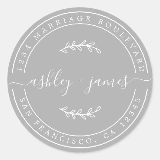 Elegant Names Gray Wedding Return Address Ronde Sticker (Voorkant)