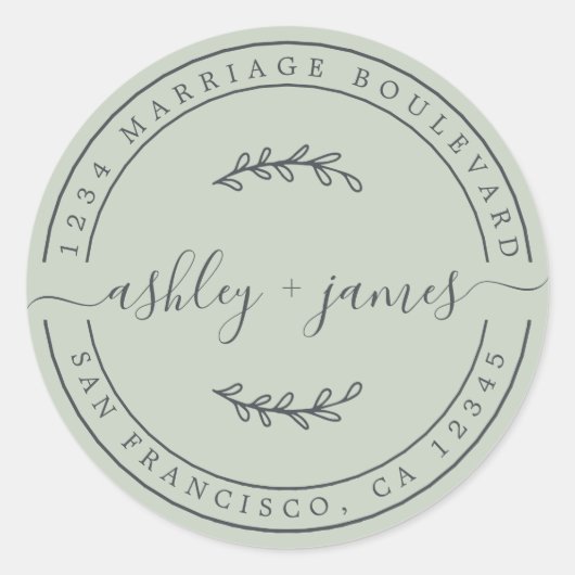 Elegant Names Pastel Green Wedding Return Address Ronde Sticker (Voorkant)