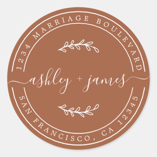 Elegant Names TerraCotta Wedding Return Address Ronde Sticker (Voorkant)
