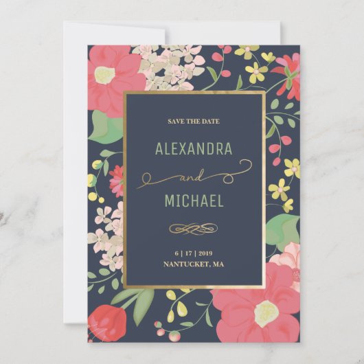 Elegant Nantucket Floral Navy Save The Date (Voorkant)