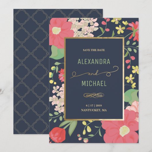 Elegant Nantucket Floral Navy Save The Date (Voorkant / Achterkant)