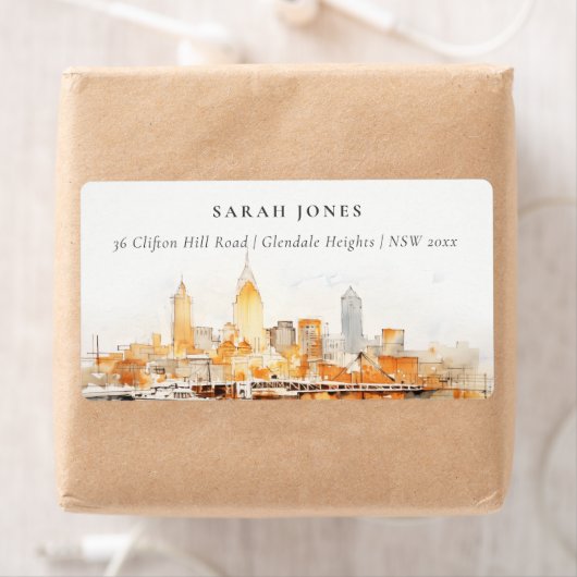 Elegant Nashville City Skyline Waterverf Adres Etiket (Insitu)