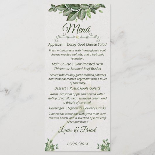 Elegant Natural Greenery Foliage Wedding Menu (Voorkant)