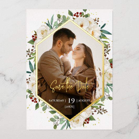 Elegant Natural White Rose Peony Floral Wedding Folie Uitnodiging (Voorkant)