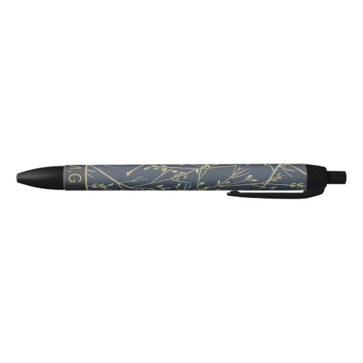 Elegant Nature Branches Pattern Blue Monogram Zwarte Inkt Pen (Bodem)