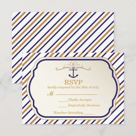 Elegant Nautical Anchor Gold Blue White RSVP-kaart RSVP Kaartje (Voorkant / Achterkant)