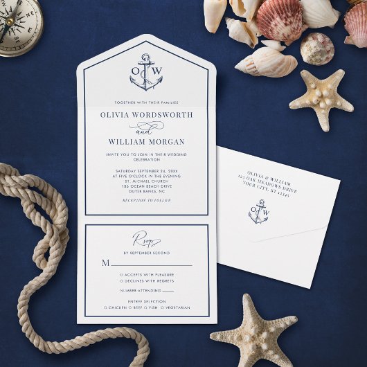 Elegant Nautical Anchor Monogram Lijst Weddenschap All In One Uitnodiging
