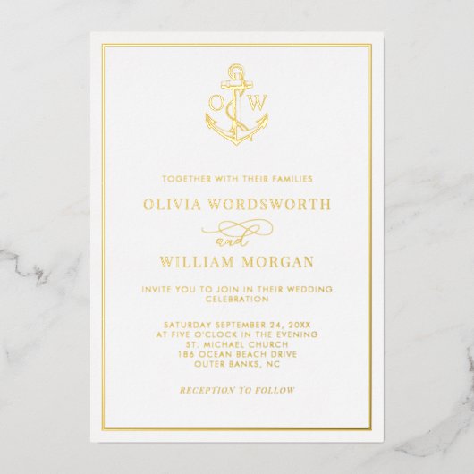 Elegant Nautical Anchor Monogram Wedding All Gold Folie Uitnodiging (Voorkant)
