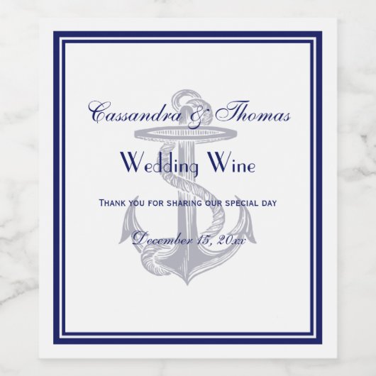 Elegant Nautical Anchor Navy Blue Framed Wijn Etiket (Enkel label)