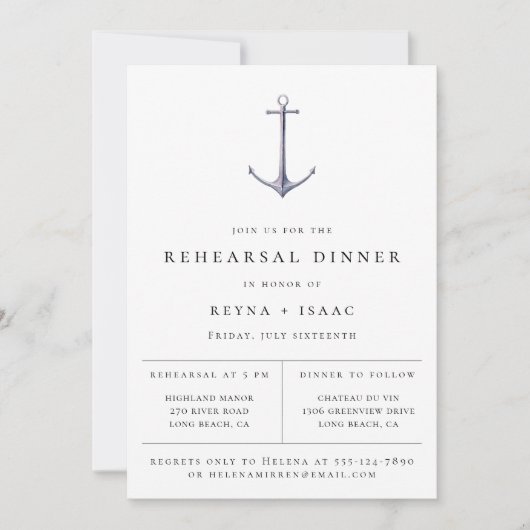 Elegant Nautical Anchor Rehearsal Dinner Aankondiging (Voorkant)