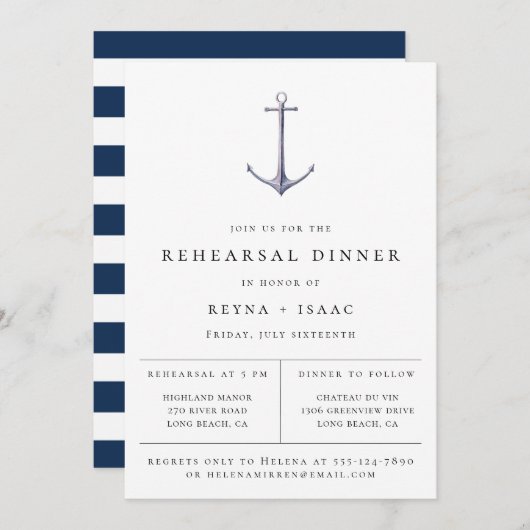 Elegant Nautical Anchor Rehearsal Dinner Aankondiging (Voorkant / Achterkant)