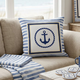 Elegant Nautical Blue Anchor and Light Blue Stripe Kussen